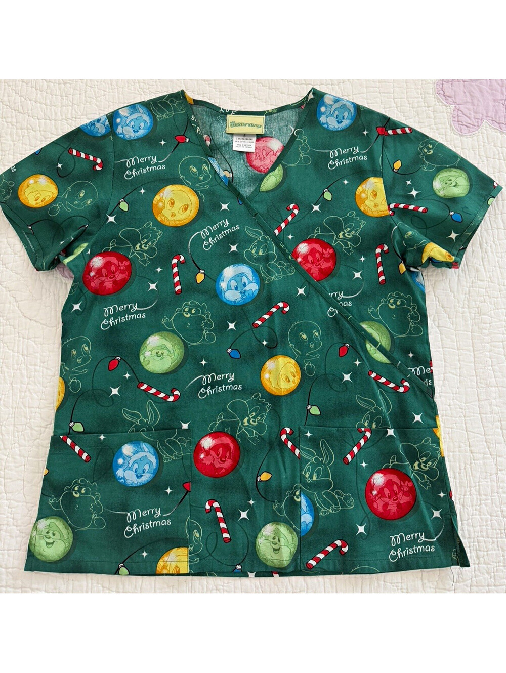 Looney Tunes Christmas Scrub Top Green Patterned Cotton Woven Unisex Size S Y2K